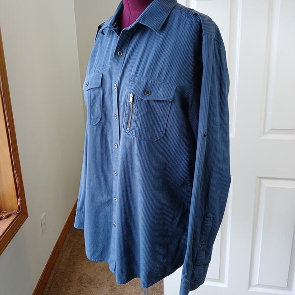 R&R Blue Cotton Button Up Shirt Mens XL long roll tab sleeves jacquard stripes - Picture 2 of 15